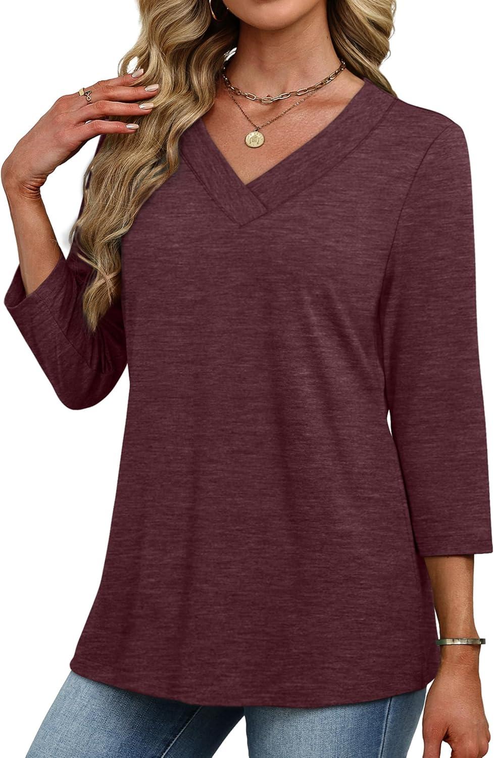 imageXIEERDUO 34 Length Sleeve Womens Tops V Neck Fall Clothes Basic Blouses Dressy Casual 2025 Early Fall Fashion Must HavesBurgundy