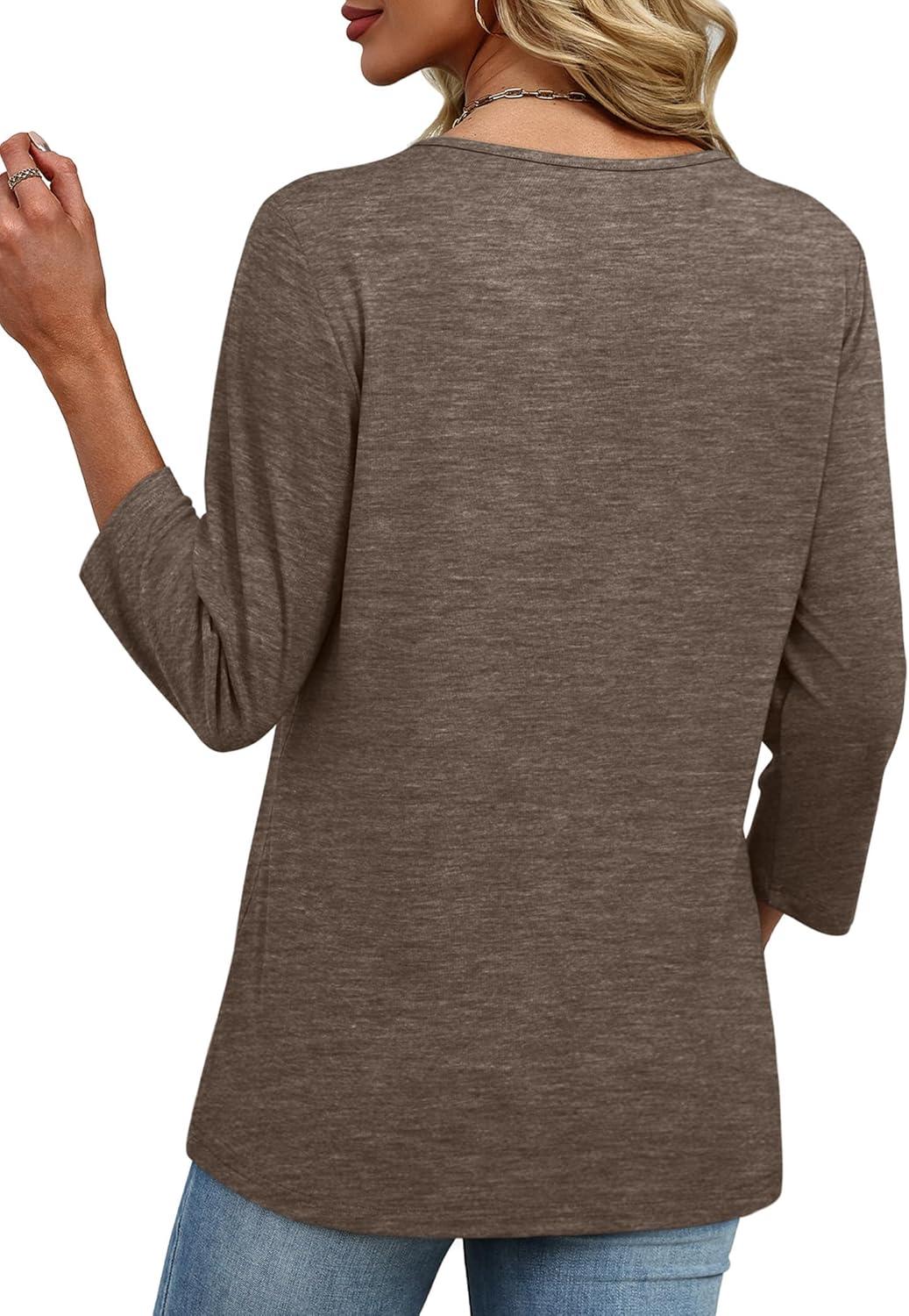 imageXIEERDUO 34 Length Sleeve Womens Tops V Neck Fall Clothes Basic Blouses Dressy Casual 2025 Early Fall Fashion Must HavesCoffee