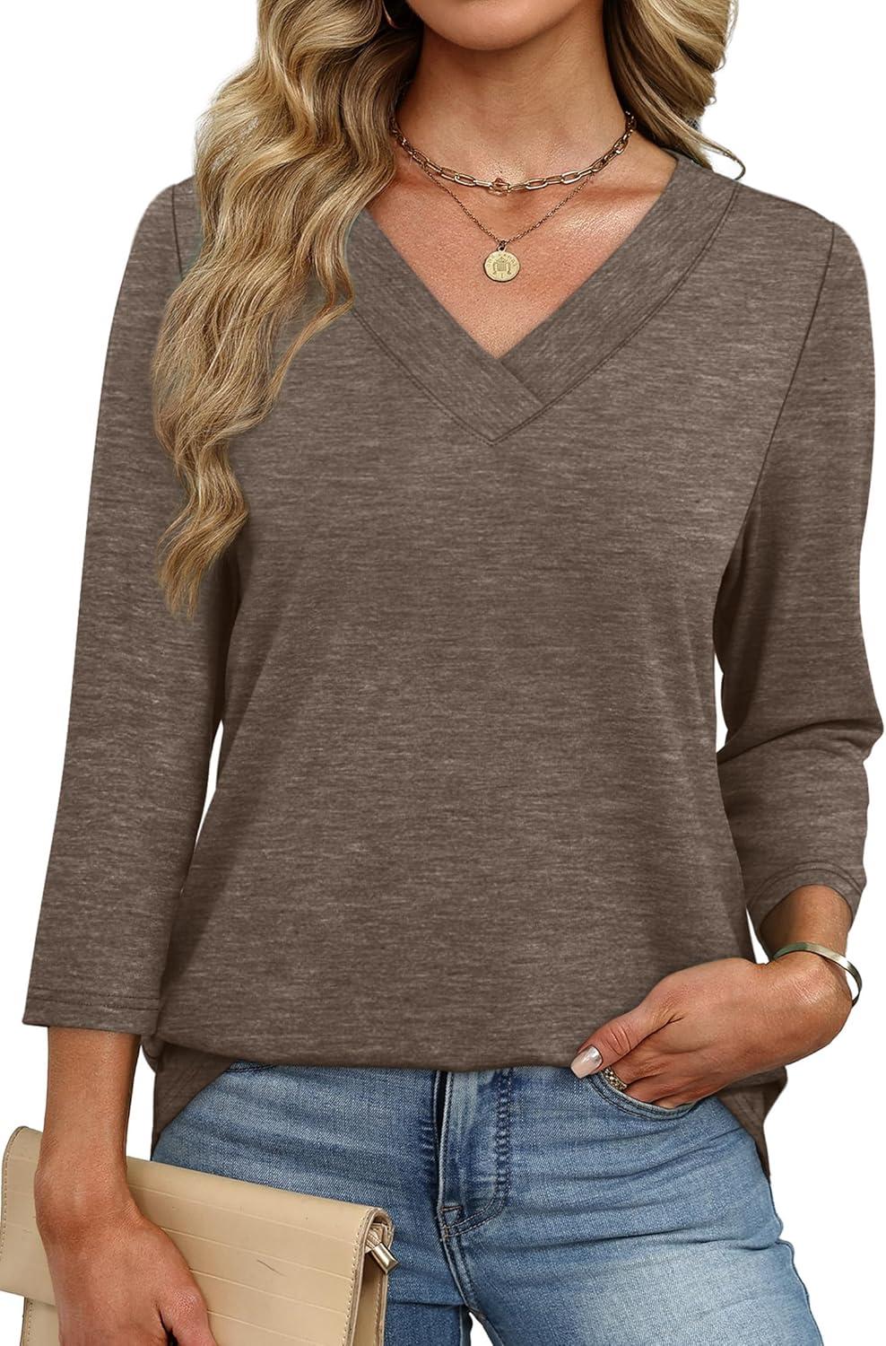 imageXIEERDUO 34 Length Sleeve Womens Tops V Neck Fall Clothes Basic Blouses Dressy Casual 2025 Early Fall Fashion Must HavesCoffee