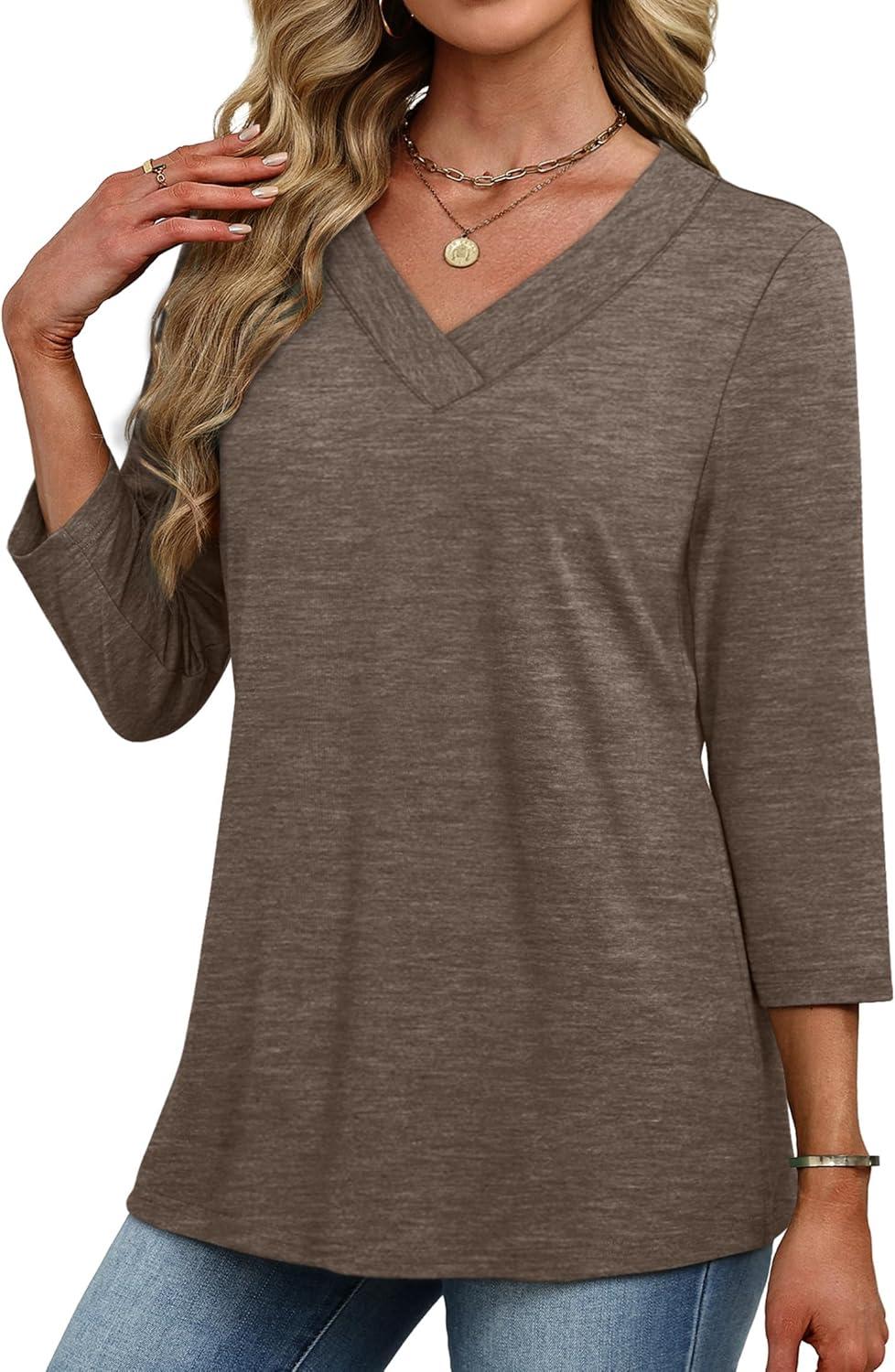 imageXIEERDUO 34 Length Sleeve Womens Tops V Neck Fall Clothes Basic Blouses Dressy Casual 2025 Early Fall Fashion Must HavesCoffee