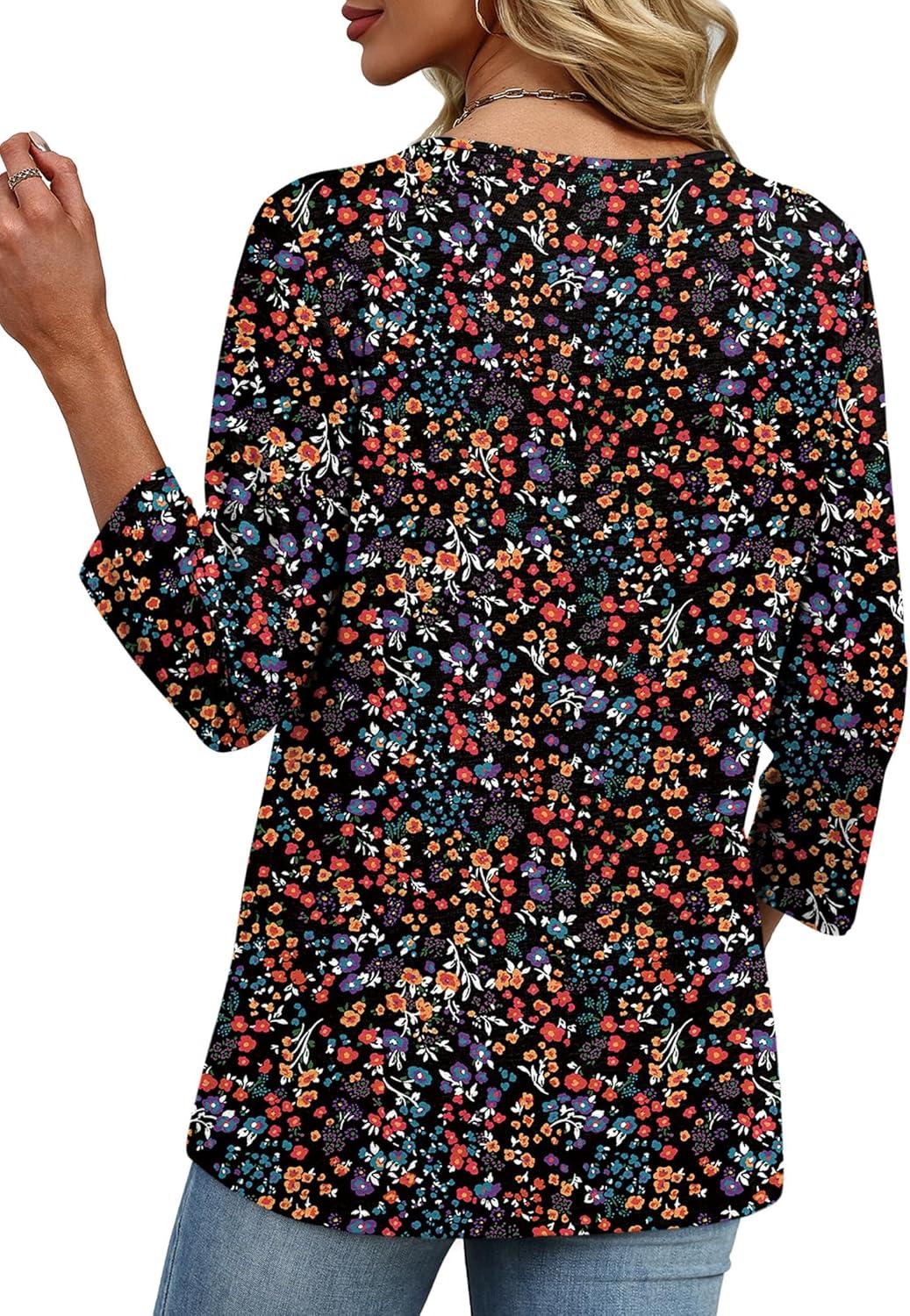 imageXIEERDUO 34 Length Sleeve Womens Tops V Neck Fall Clothes Basic Blouses Dressy Casual 2025 Early Fall Fashion Must HavesPatternedblack Floral