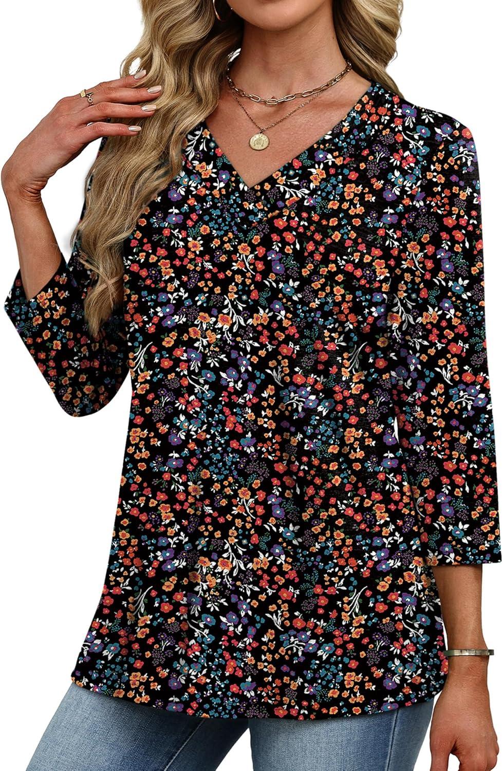 imageXIEERDUO 34 Length Sleeve Womens Tops V Neck Fall Clothes Basic Blouses Dressy Casual 2025 Early Fall Fashion Must HavesPatternedblack Floral