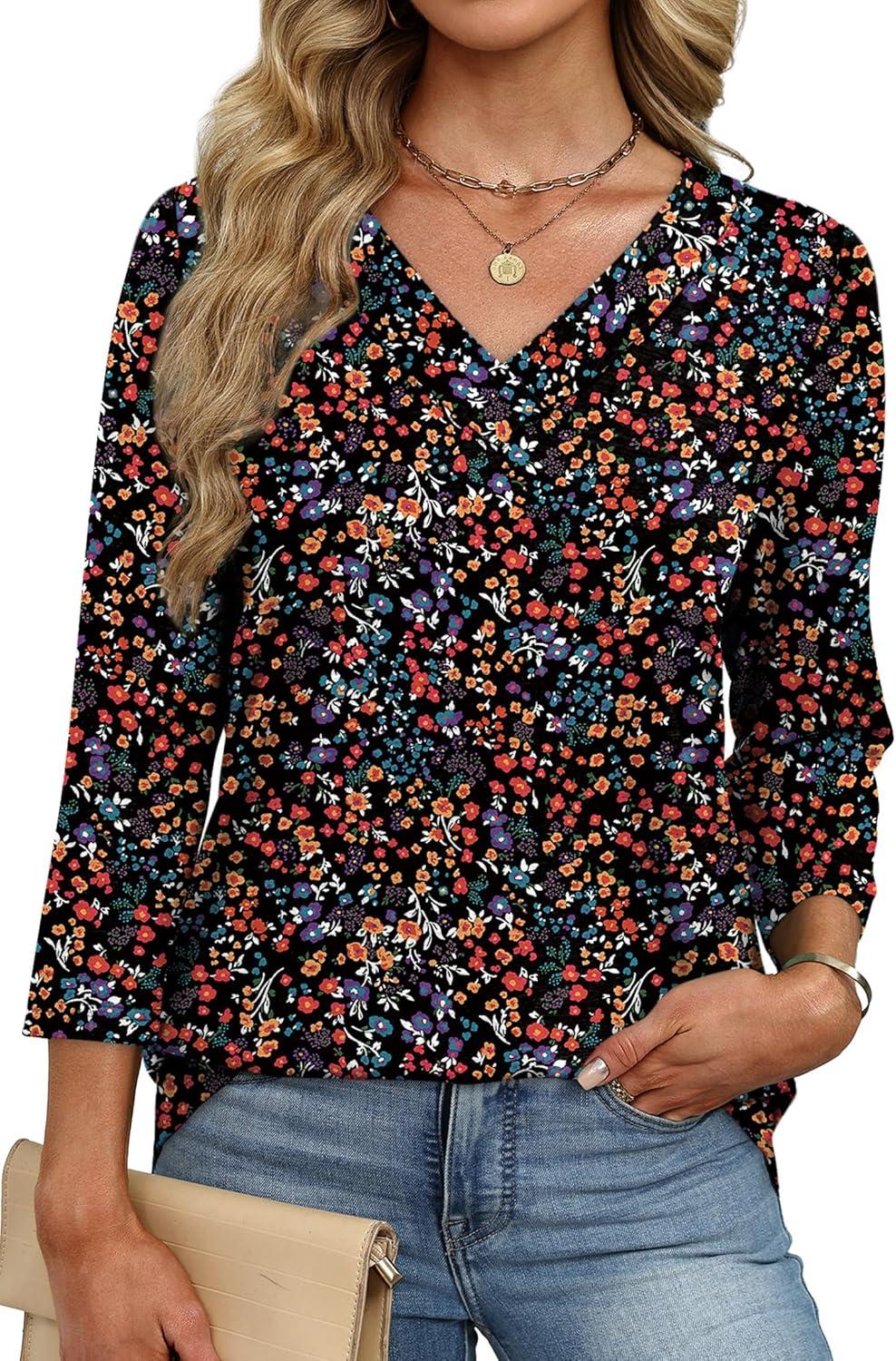 imageXIEERDUO 34 Length Sleeve Womens Tops V Neck Fall Clothes Basic Blouses Dressy Casual 2025 Early Fall Fashion Must HavesPatternedblack Floral