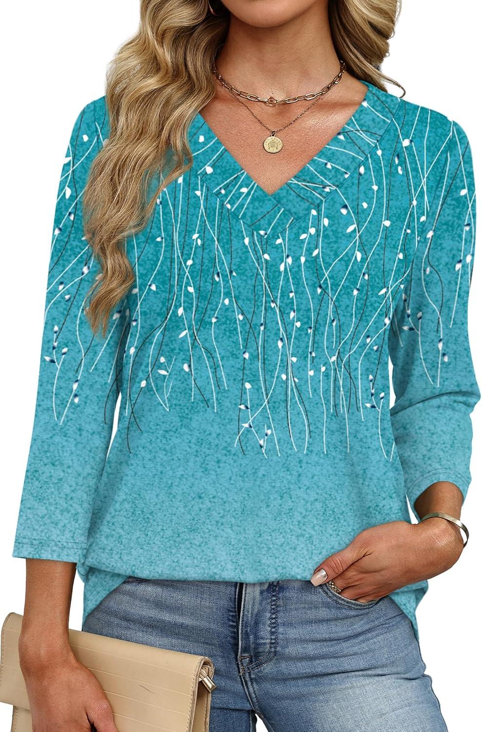 imageXIEERDUO 34 Length Sleeve Womens Tops V Neck Fall Clothes Basic Blouses Dressy Casual 2025 Early Fall Fashion Must HavesPatternedblue Print