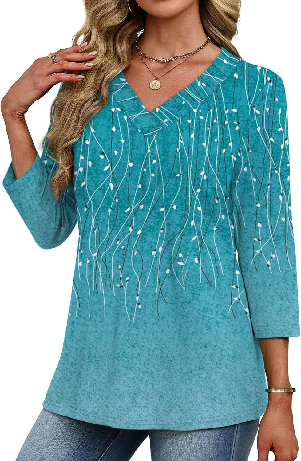 imageXIEERDUO 34 Length Sleeve Womens Tops V Neck Fall Clothes Basic Blouses Dressy Casual 2025 Early Fall Fashion Must HavesPatternedblue Print