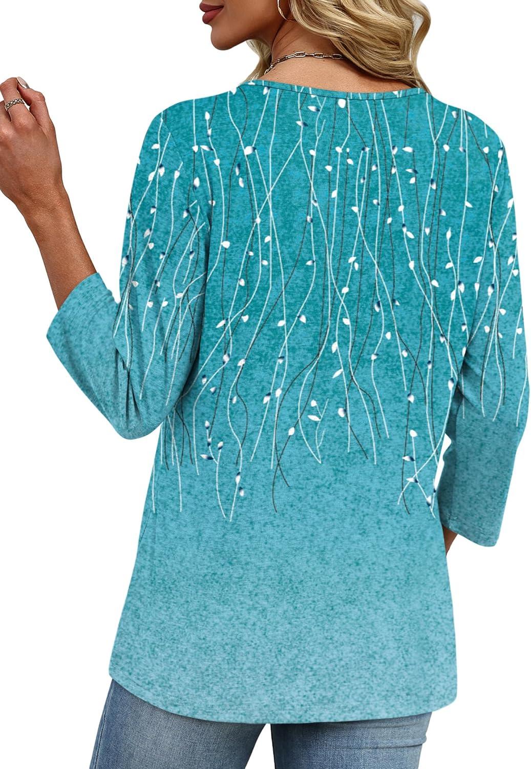 imageXIEERDUO 34 Length Sleeve Womens Tops V Neck Fall Clothes Basic Blouses Dressy Casual 2025 Early Fall Fashion Must HavesPatternedblue Print