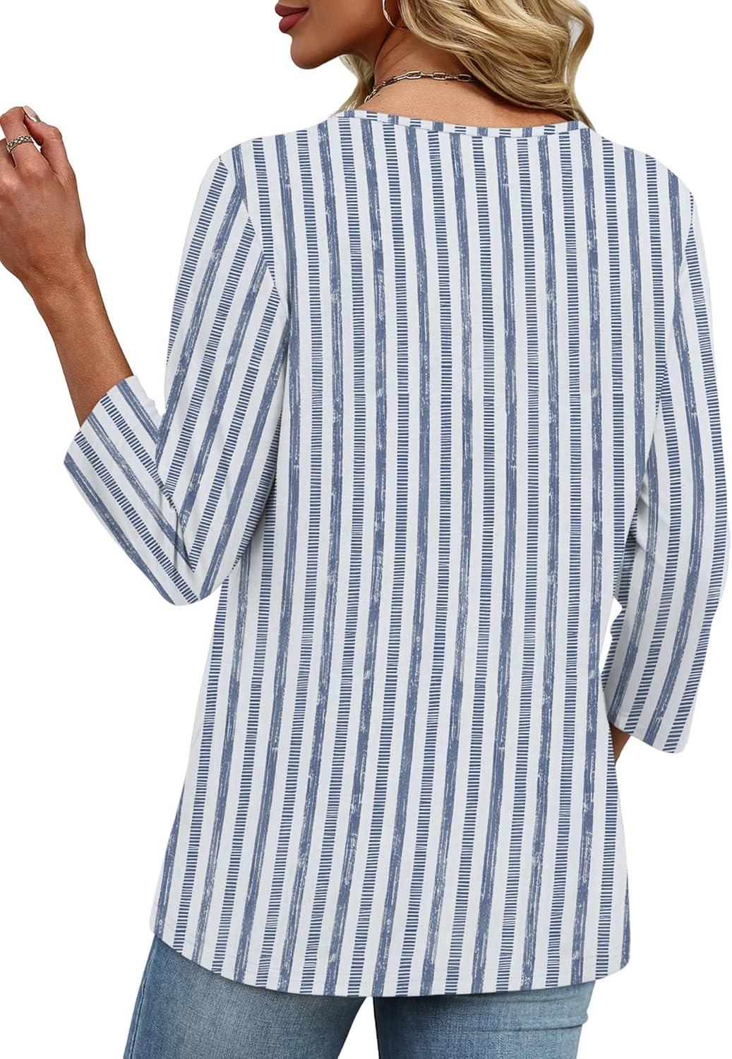 imageXIEERDUO 34 Length Sleeve Womens Tops V Neck Fall Clothes Basic Blouses Dressy Casual 2025 Early Fall Fashion Must HavesPatternedblue Striped