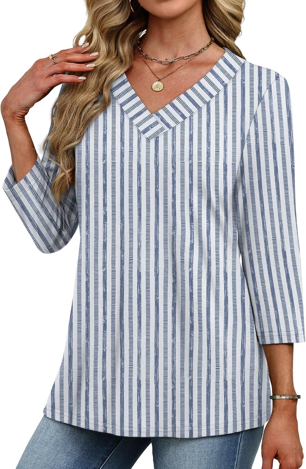 imageXIEERDUO 34 Length Sleeve Womens Tops V Neck Fall Clothes Basic Blouses Dressy Casual 2025 Early Fall Fashion Must HavesPatternedblue Striped