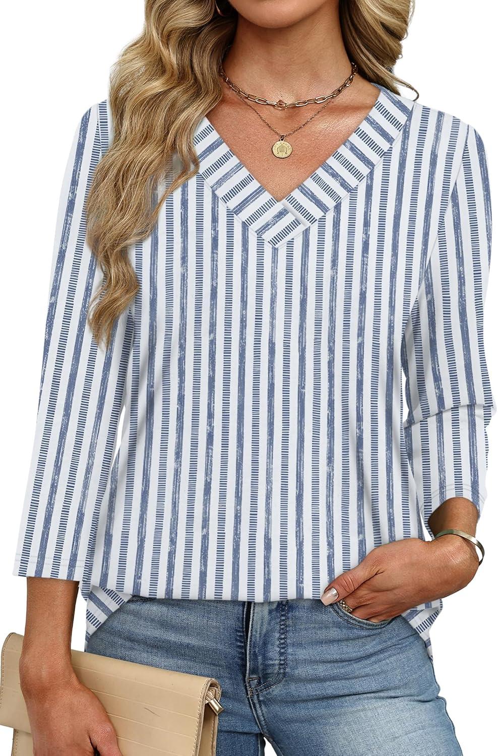 imageXIEERDUO 34 Length Sleeve Womens Tops V Neck Fall Clothes Basic Blouses Dressy Casual 2025 Early Fall Fashion Must HavesPatternedblue Striped