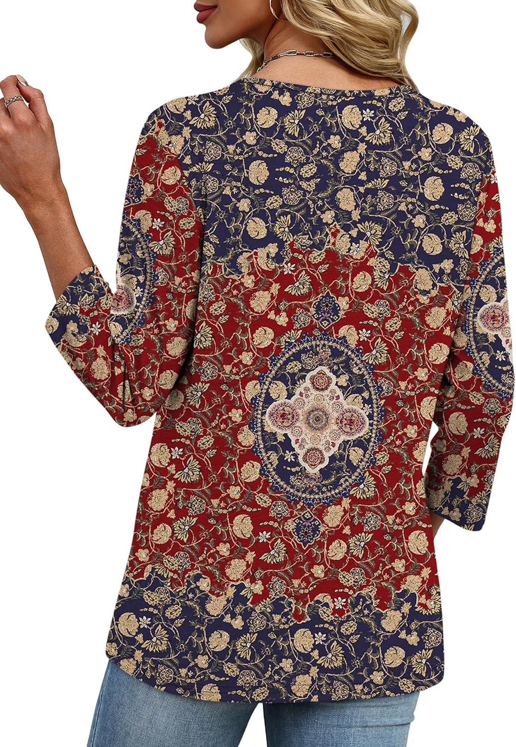 imageXIEERDUO 34 Length Sleeve Womens Tops V Neck Fall Clothes Basic Blouses Dressy Casual 2025 Early Fall Fashion Must HavesPatternedboho Floral