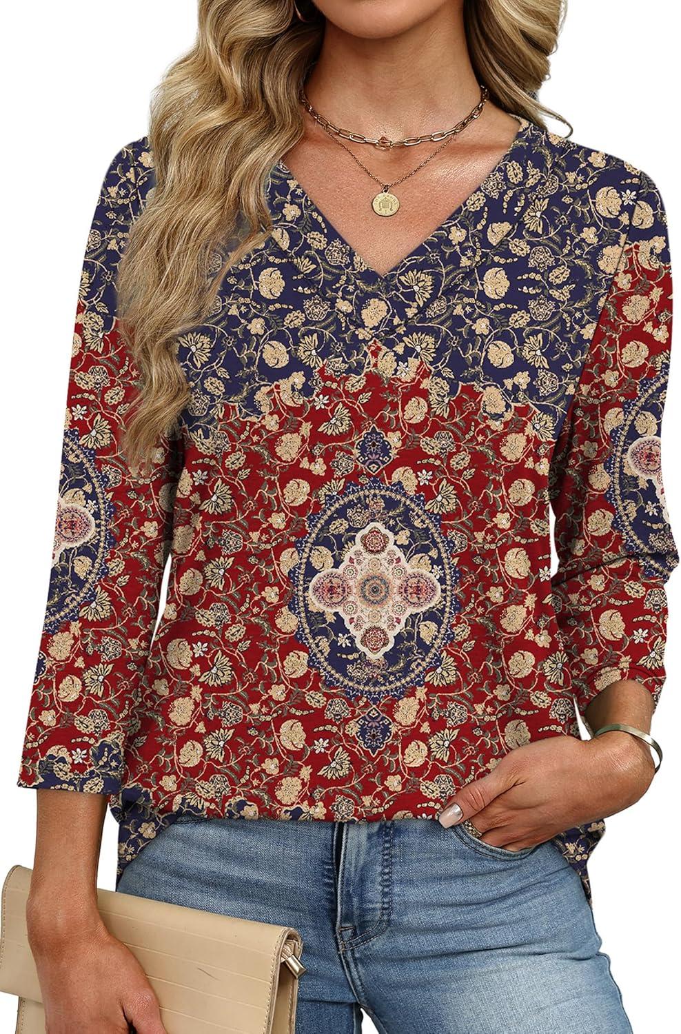 imageXIEERDUO 34 Length Sleeve Womens Tops V Neck Fall Clothes Basic Blouses Dressy Casual 2025 Early Fall Fashion Must HavesPatternedboho Floral