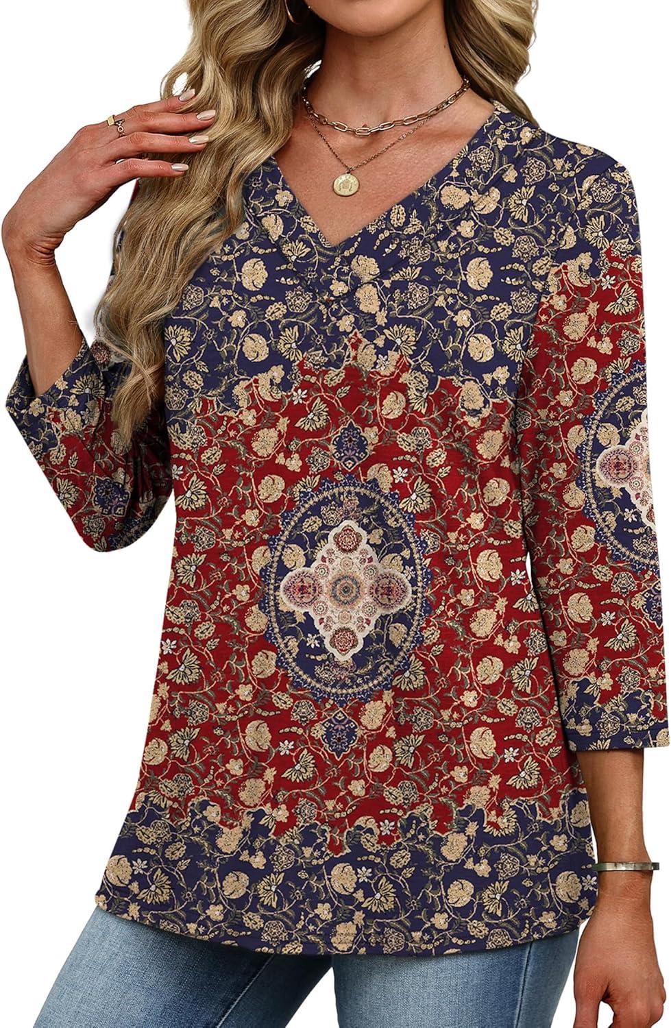 imageXIEERDUO 34 Length Sleeve Womens Tops V Neck Fall Clothes Basic Blouses Dressy Casual 2025 Early Fall Fashion Must HavesPatternedboho Floral