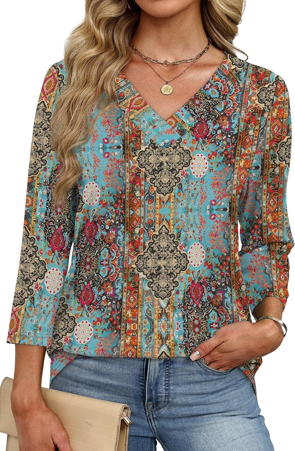 imageXIEERDUO 34 Length Sleeve Womens Tops V Neck Fall Clothes Basic Blouses Dressy Casual 2025 Early Fall Fashion Must HavesPatternedboho Print