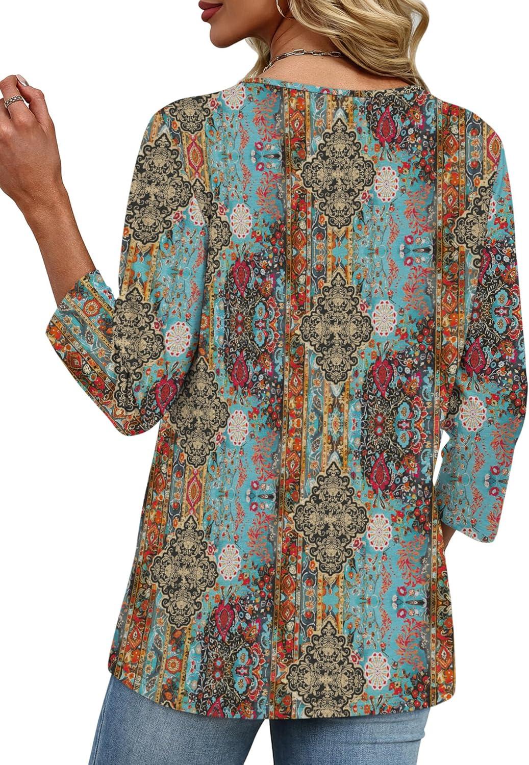 imageXIEERDUO 34 Length Sleeve Womens Tops V Neck Fall Clothes Basic Blouses Dressy Casual 2025 Early Fall Fashion Must HavesPatternedboho Print