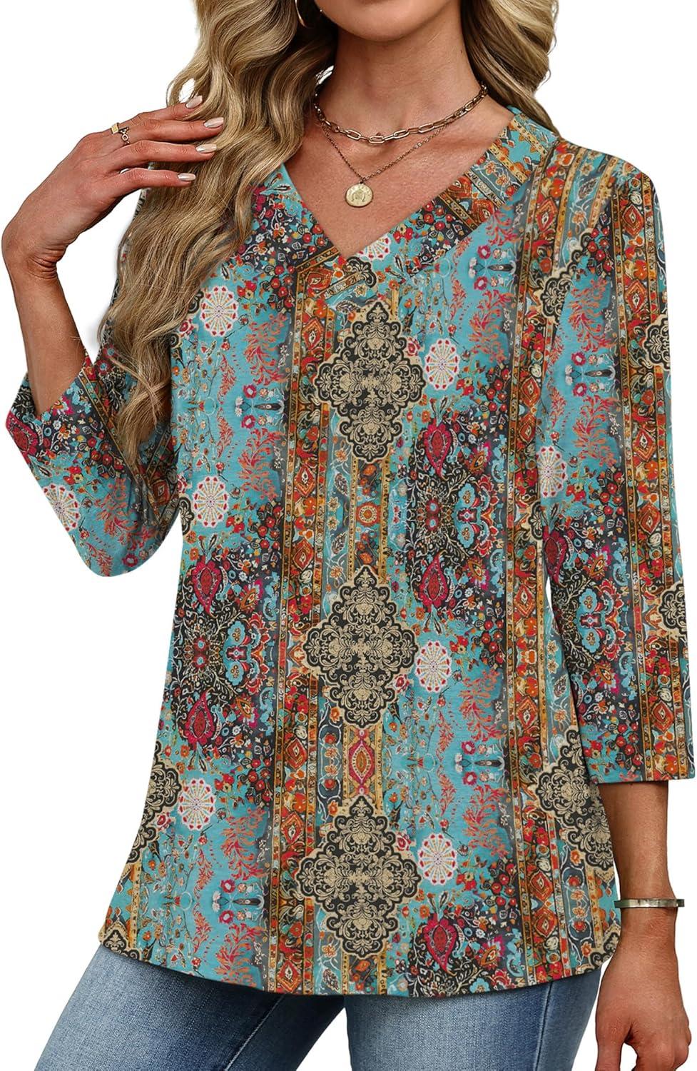 imageXIEERDUO 34 Length Sleeve Womens Tops V Neck Fall Clothes Basic Blouses Dressy Casual 2025 Early Fall Fashion Must HavesPatternedboho Print