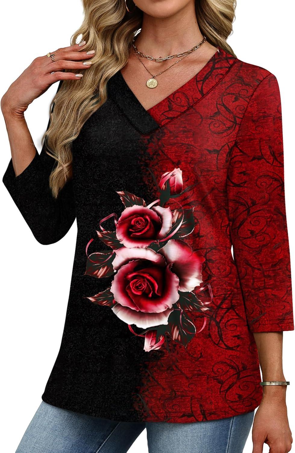 imageXIEERDUO 34 Length Sleeve Womens Tops V Neck Fall Clothes Basic Blouses Dressy Casual 2025 Early Fall Fashion Must HavesPatternedflower