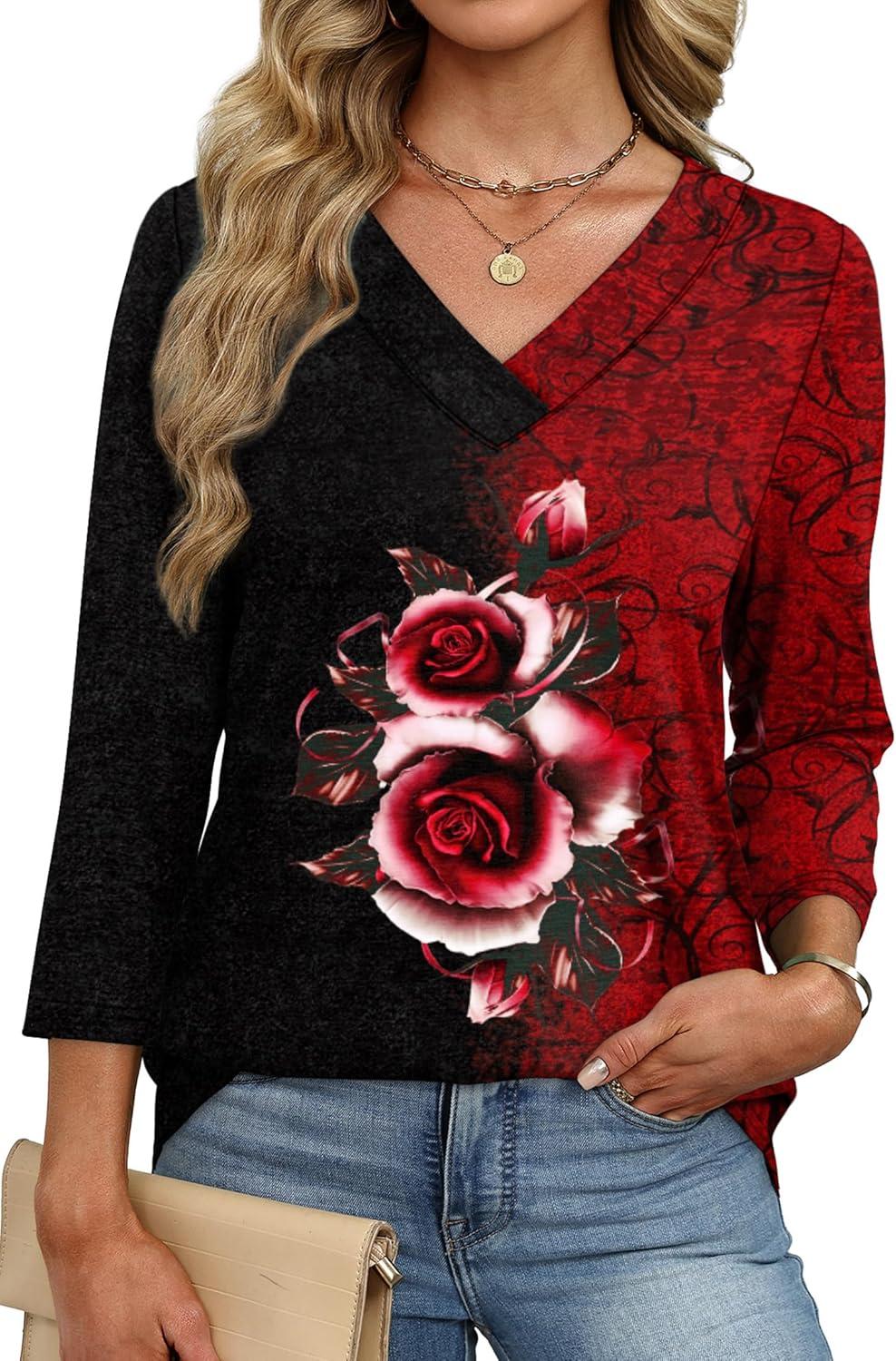 imageXIEERDUO 34 Length Sleeve Womens Tops V Neck Fall Clothes Basic Blouses Dressy Casual 2025 Early Fall Fashion Must HavesPatternedflower