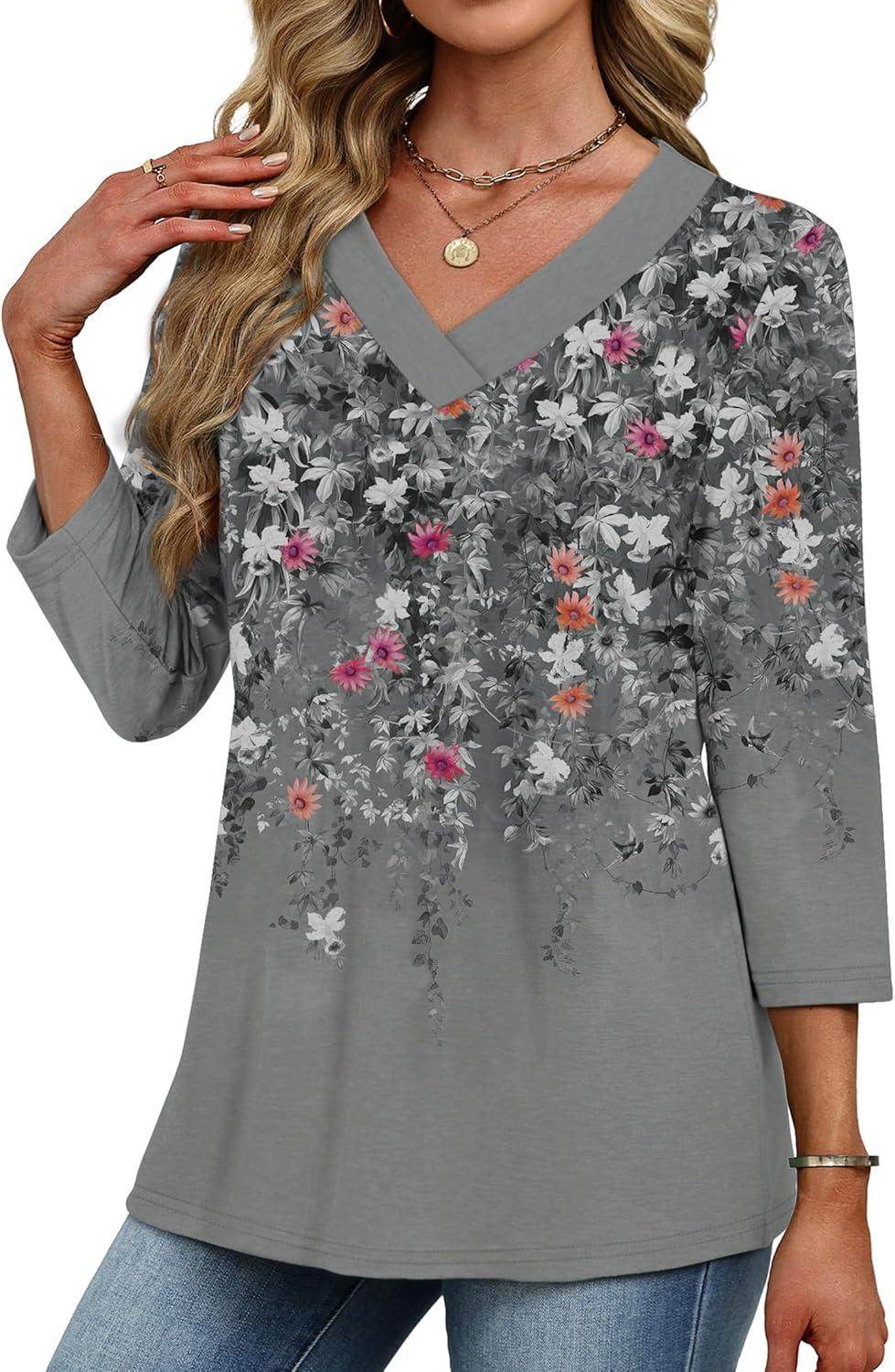 imageXIEERDUO 34 Length Sleeve Womens Tops V Neck Fall Clothes Basic Blouses Dressy Casual 2025 Early Fall Fashion Must HavesPatternedgrey Floral