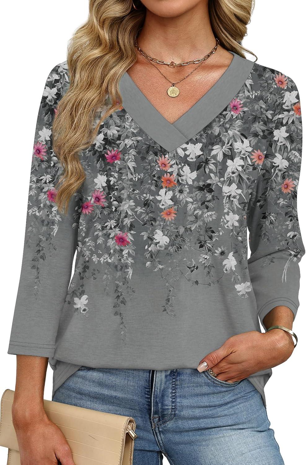 imageXIEERDUO 34 Length Sleeve Womens Tops V Neck Fall Clothes Basic Blouses Dressy Casual 2025 Early Fall Fashion Must HavesPatternedgrey Floral