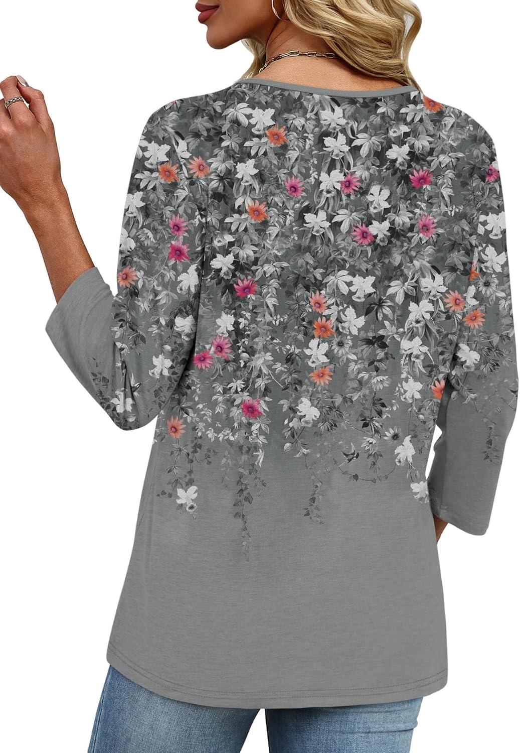 imageXIEERDUO 34 Length Sleeve Womens Tops V Neck Fall Clothes Basic Blouses Dressy Casual 2025 Early Fall Fashion Must HavesPatternedgrey Floral