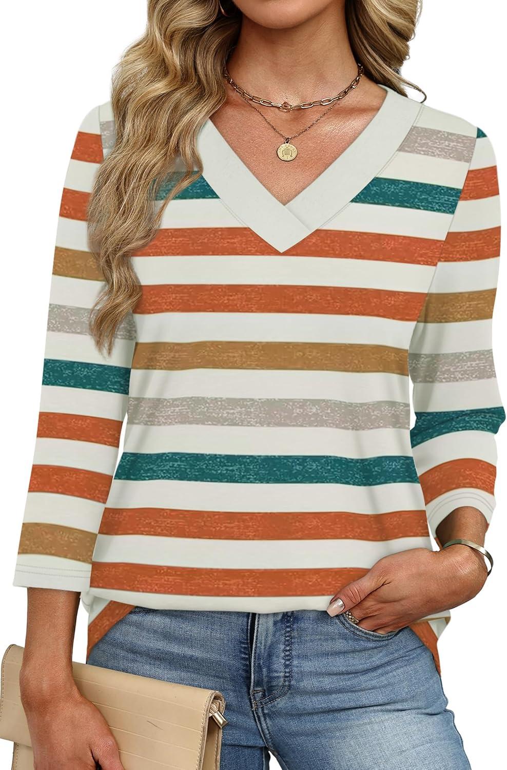 imageXIEERDUO 34 Length Sleeve Womens Tops V Neck Fall Clothes Basic Blouses Dressy Casual 2025 Early Fall Fashion Must HavesPatternedmulticolor Stripe