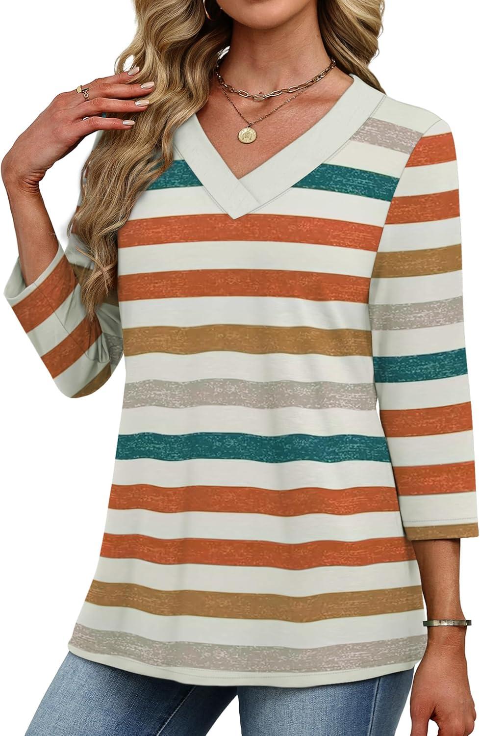 imageXIEERDUO 34 Length Sleeve Womens Tops V Neck Fall Clothes Basic Blouses Dressy Casual 2025 Early Fall Fashion Must HavesPatternedmulticolor Stripe