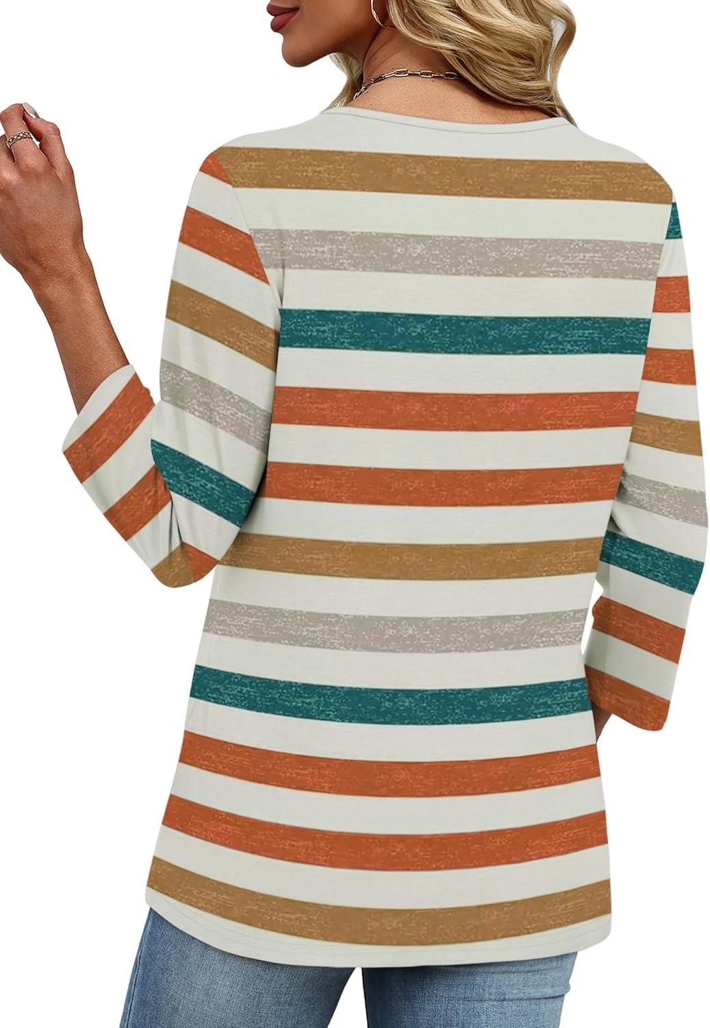 imageXIEERDUO 34 Length Sleeve Womens Tops V Neck Fall Clothes Basic Blouses Dressy Casual 2025 Early Fall Fashion Must HavesPatternedmulticolor Stripe