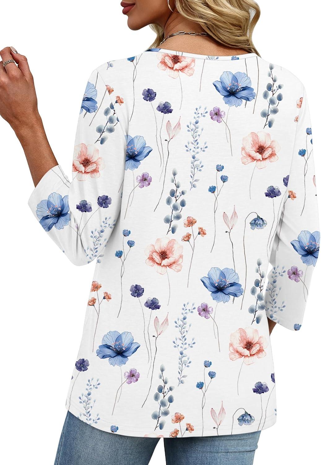 imageXIEERDUO 34 Length Sleeve Womens Tops V Neck Fall Clothes Basic Blouses Dressy Casual 2025 Early Fall Fashion Must HavesPatternedwhite Floral