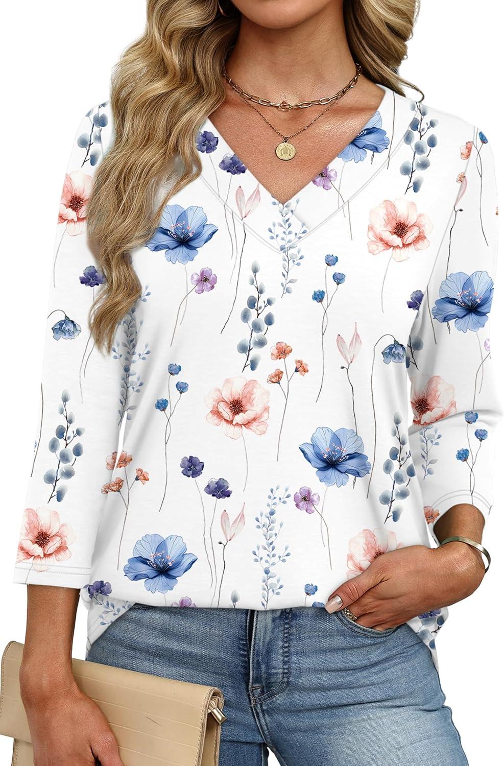 imageXIEERDUO 34 Length Sleeve Womens Tops V Neck Fall Clothes Basic Blouses Dressy Casual 2025 Early Fall Fashion Must HavesPatternedwhite Floral
