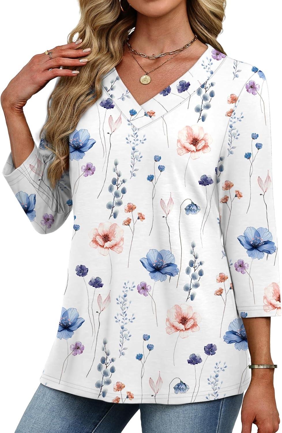 imageXIEERDUO 34 Length Sleeve Womens Tops V Neck Fall Clothes Basic Blouses Dressy Casual 2025 Early Fall Fashion Must HavesPatternedwhite Floral