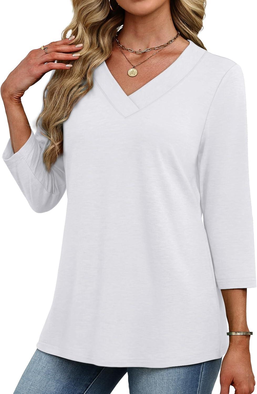 imageXIEERDUO 34 Length Sleeve Womens Tops V Neck Fall Clothes Basic Blouses Dressy Casual 2025 Early Fall Fashion Must HavesWhite