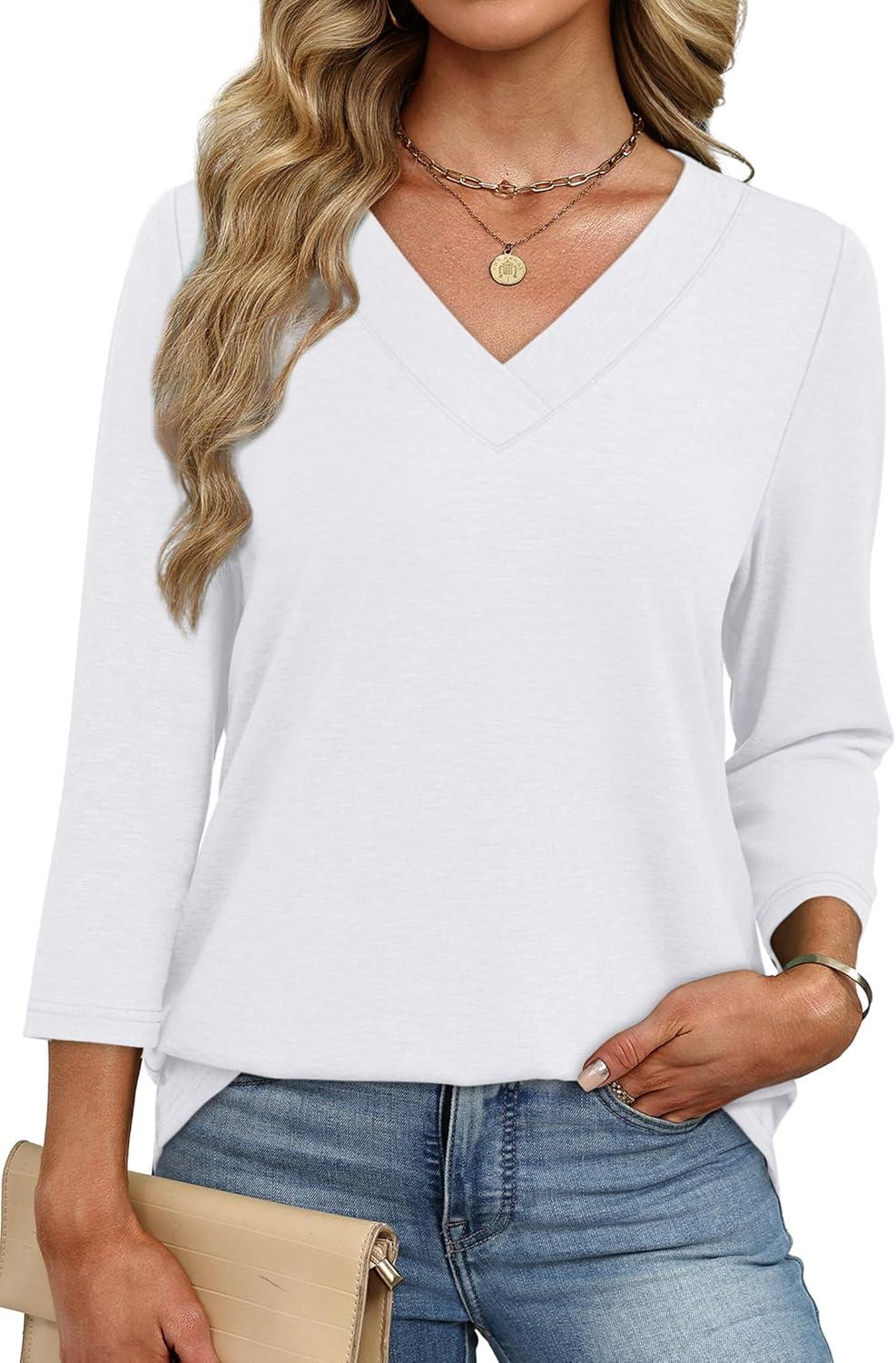 imageXIEERDUO 34 Length Sleeve Womens Tops V Neck Fall Clothes Basic Blouses Dressy Casual 2025 Early Fall Fashion Must HavesWhite