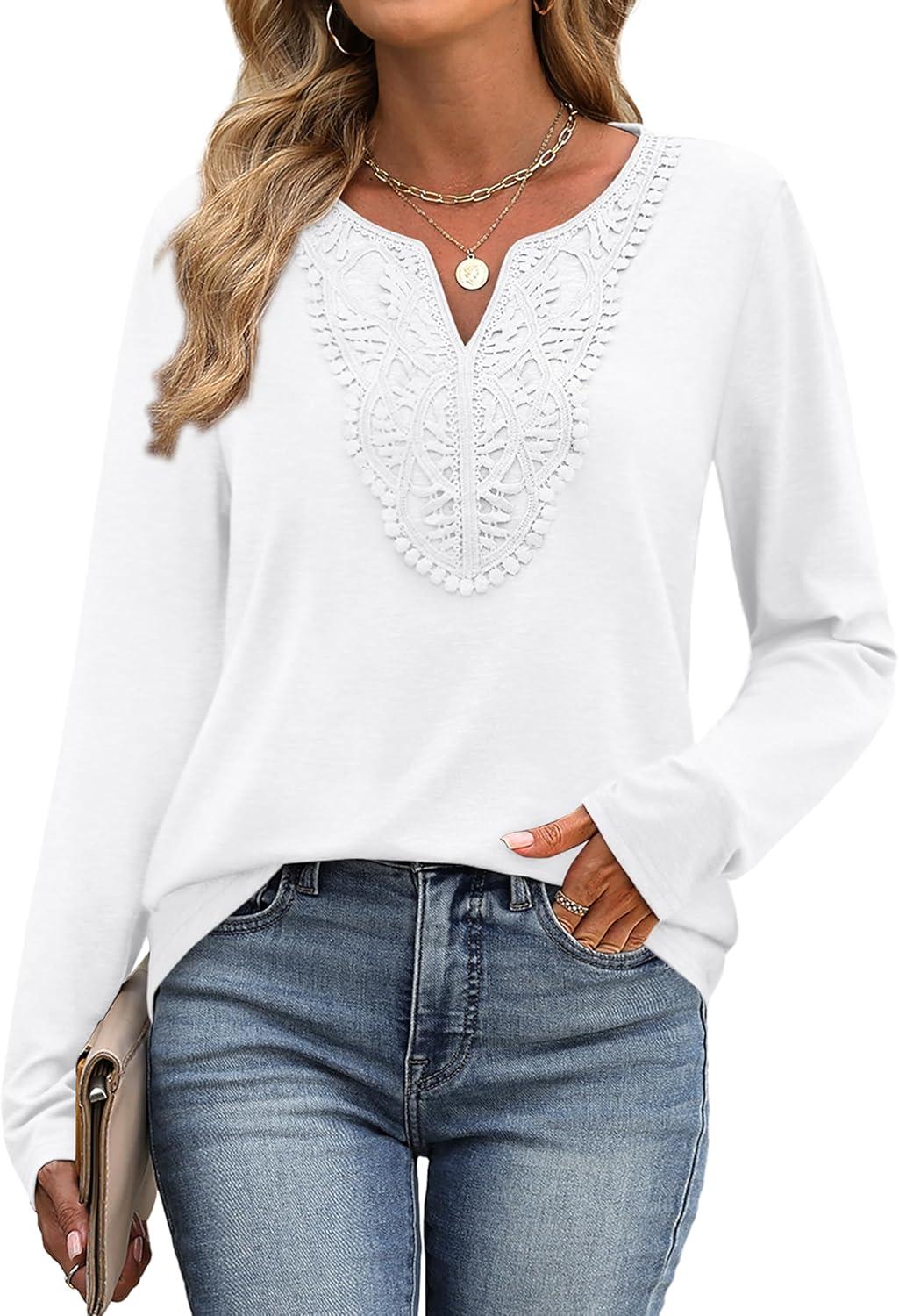 imageXIEERDUO Boho Tops for Women Blouses Dressy Casual V Neck Long Sleeve Shirts Fall Outfits Trendy Vacation ClothesA White
