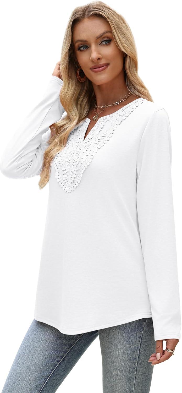 imageXIEERDUO Boho Tops for Women Blouses Dressy Casual V Neck Long Sleeve Shirts Fall Outfits Trendy Vacation ClothesA White