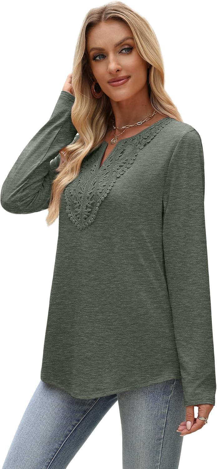 imageXIEERDUO Boho Tops for Women Blouses Dressy Casual V Neck Long Sleeve Shirts Fall Outfits Trendy Vacation ClothesArmy Green