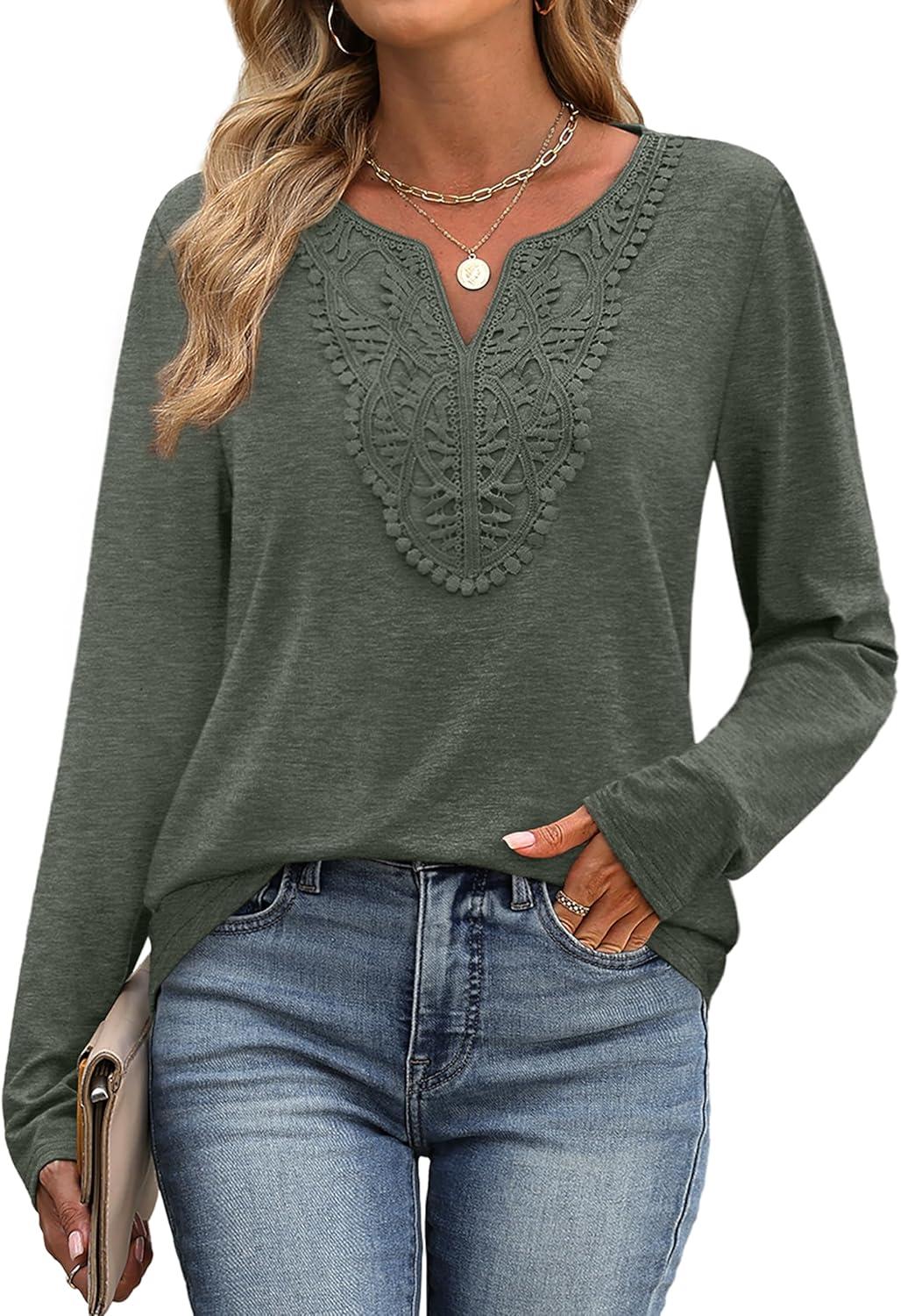 imageXIEERDUO Boho Tops for Women Blouses Dressy Casual V Neck Long Sleeve Shirts Fall Outfits Trendy Vacation ClothesArmy Green