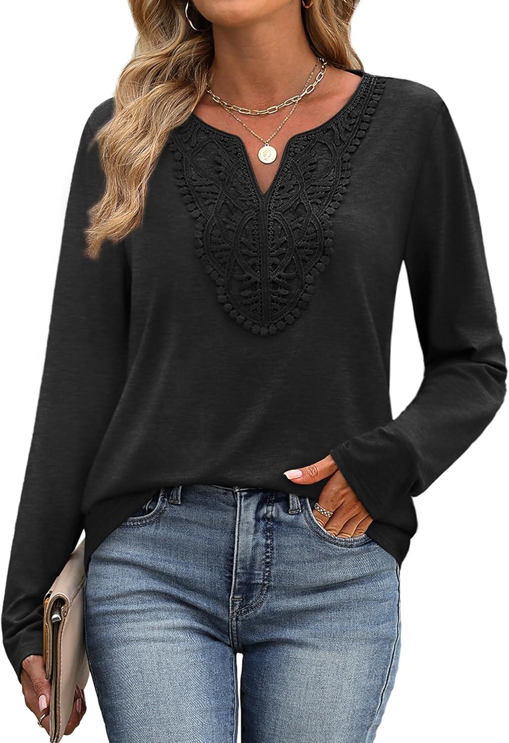 imageXIEERDUO Boho Tops for Women Blouses Dressy Casual V Neck Long Sleeve Shirts Fall Outfits Trendy Vacation ClothesBlack
