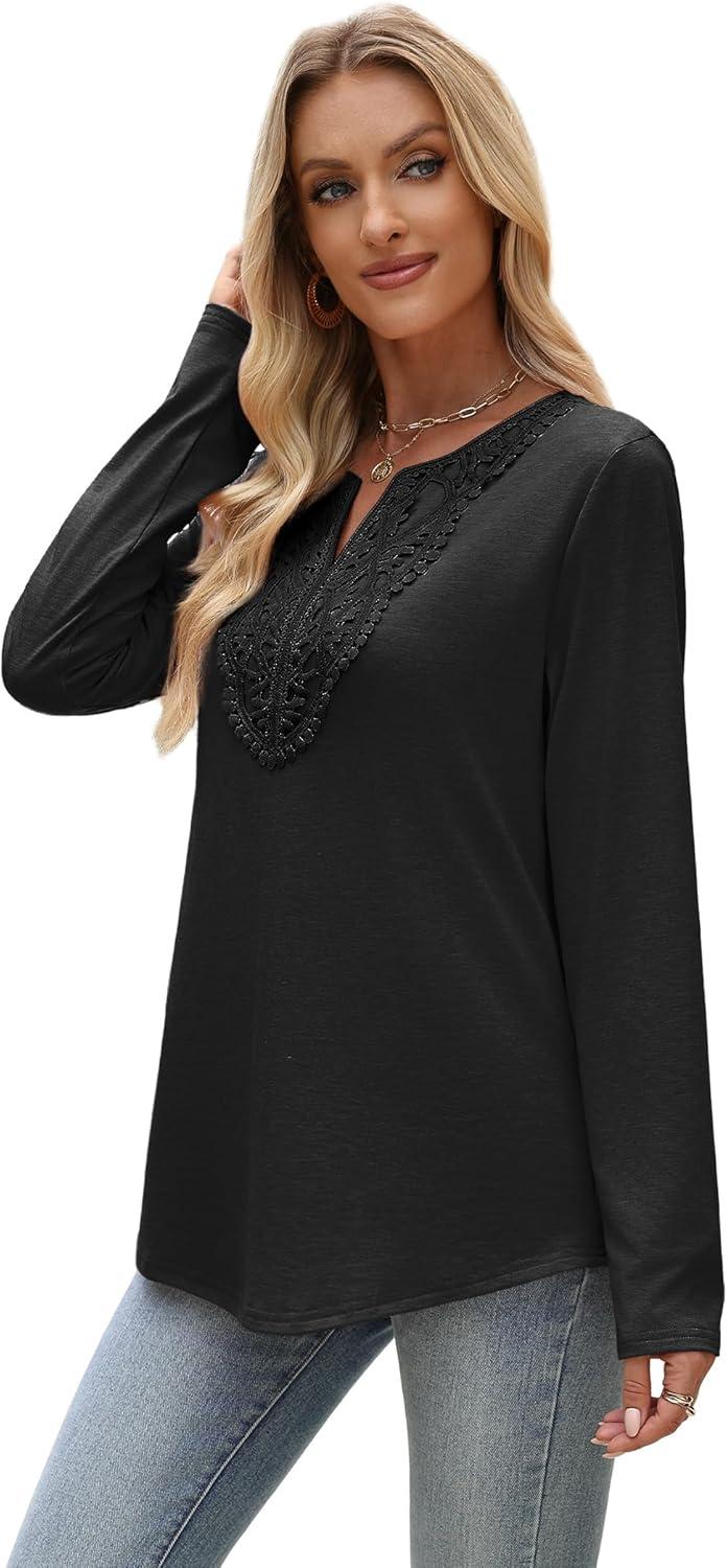 imageXIEERDUO Boho Tops for Women Blouses Dressy Casual V Neck Long Sleeve Shirts Fall Outfits Trendy Vacation ClothesBlack