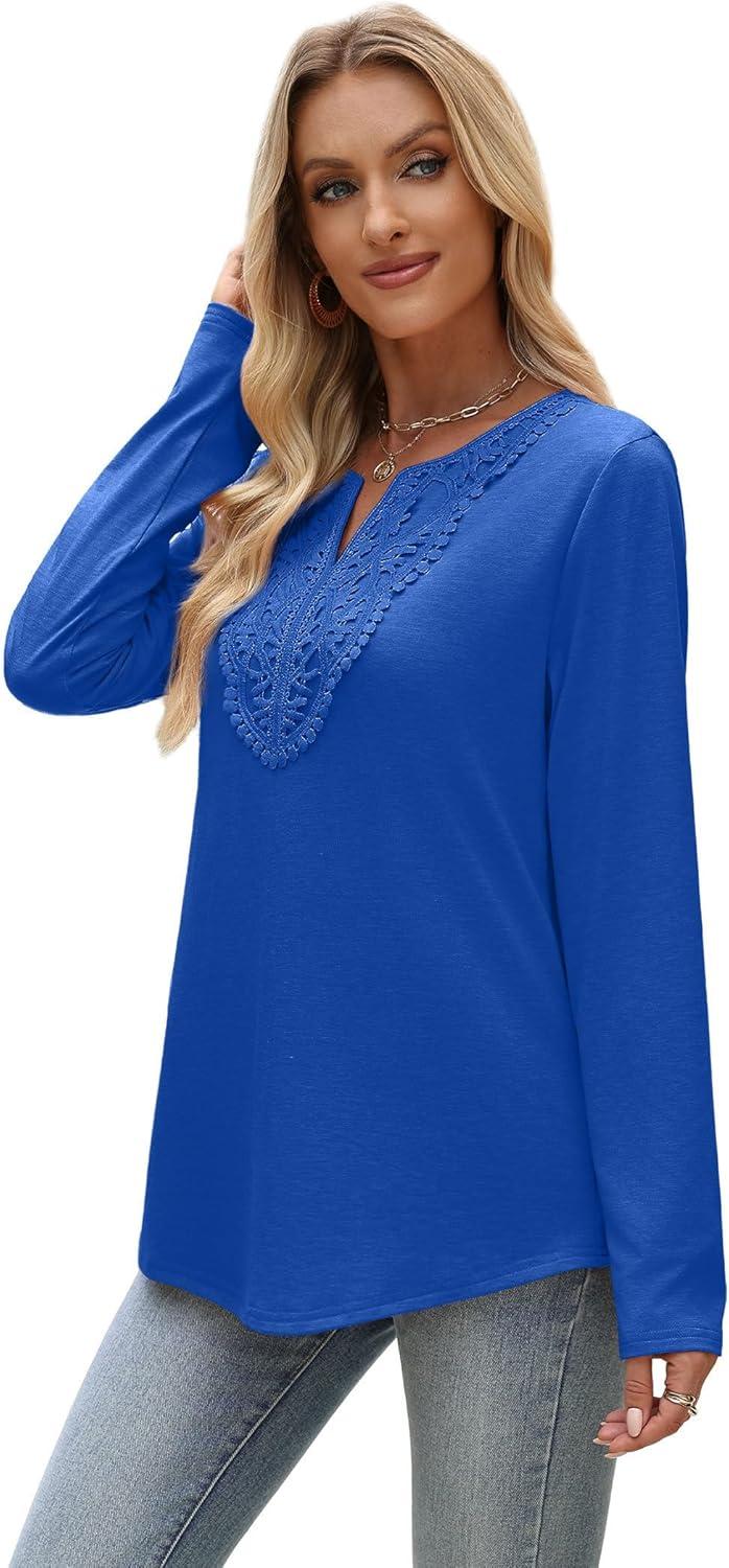 imageXIEERDUO Boho Tops for Women Blouses Dressy Casual V Neck Long Sleeve Shirts Fall Outfits Trendy Vacation ClothesBlue