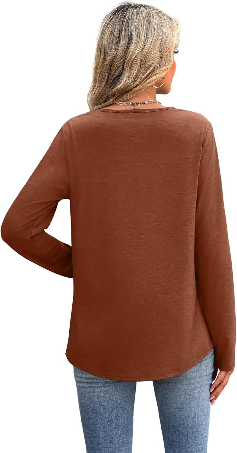 imageXIEERDUO Boho Tops for Women Blouses Dressy Casual V Neck Long Sleeve Shirts Fall Outfits Trendy Vacation ClothesCaramel