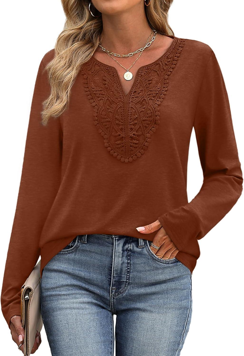 imageXIEERDUO Boho Tops for Women Blouses Dressy Casual V Neck Long Sleeve Shirts Fall Outfits Trendy Vacation ClothesCaramel