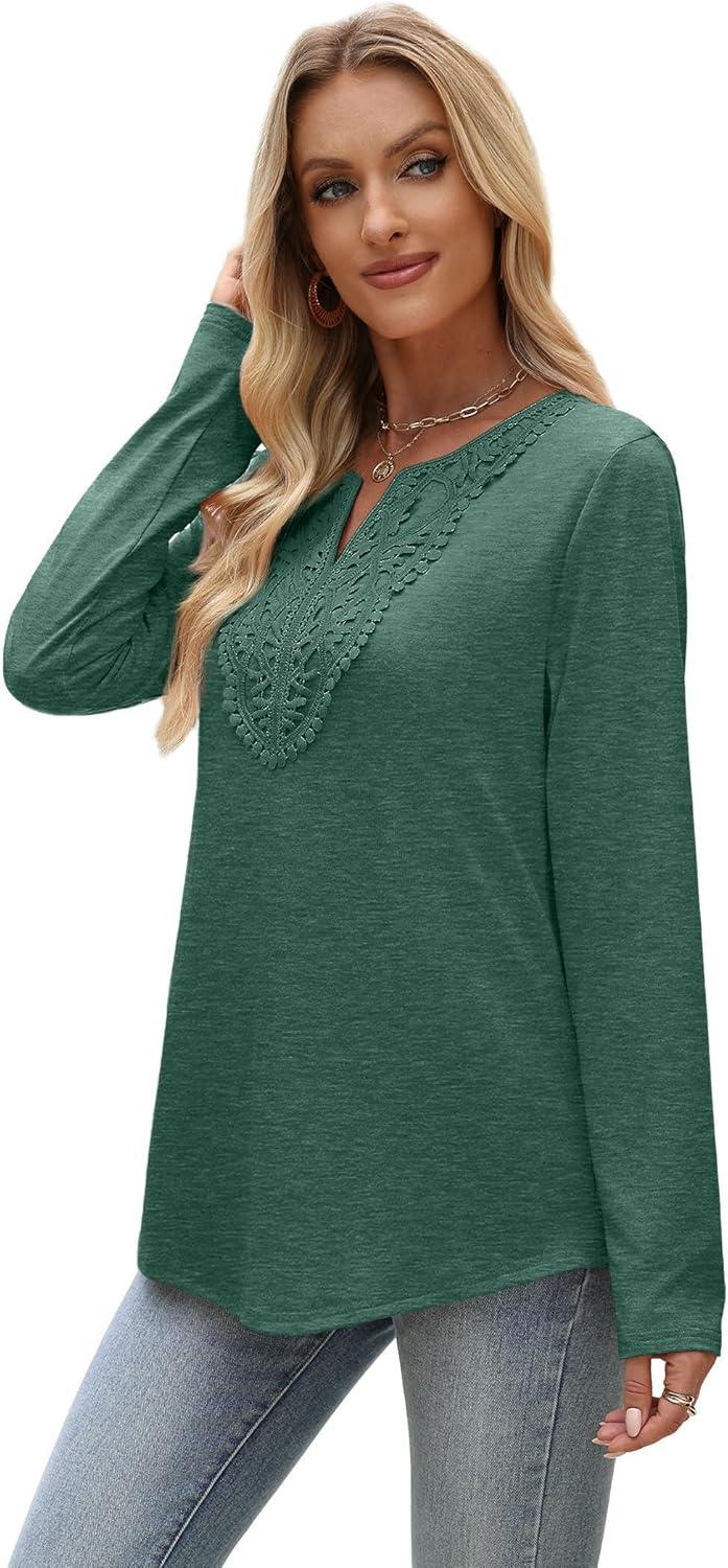 imageXIEERDUO Boho Tops for Women Blouses Dressy Casual V Neck Long Sleeve Shirts Fall Outfits Trendy Vacation ClothesGreen