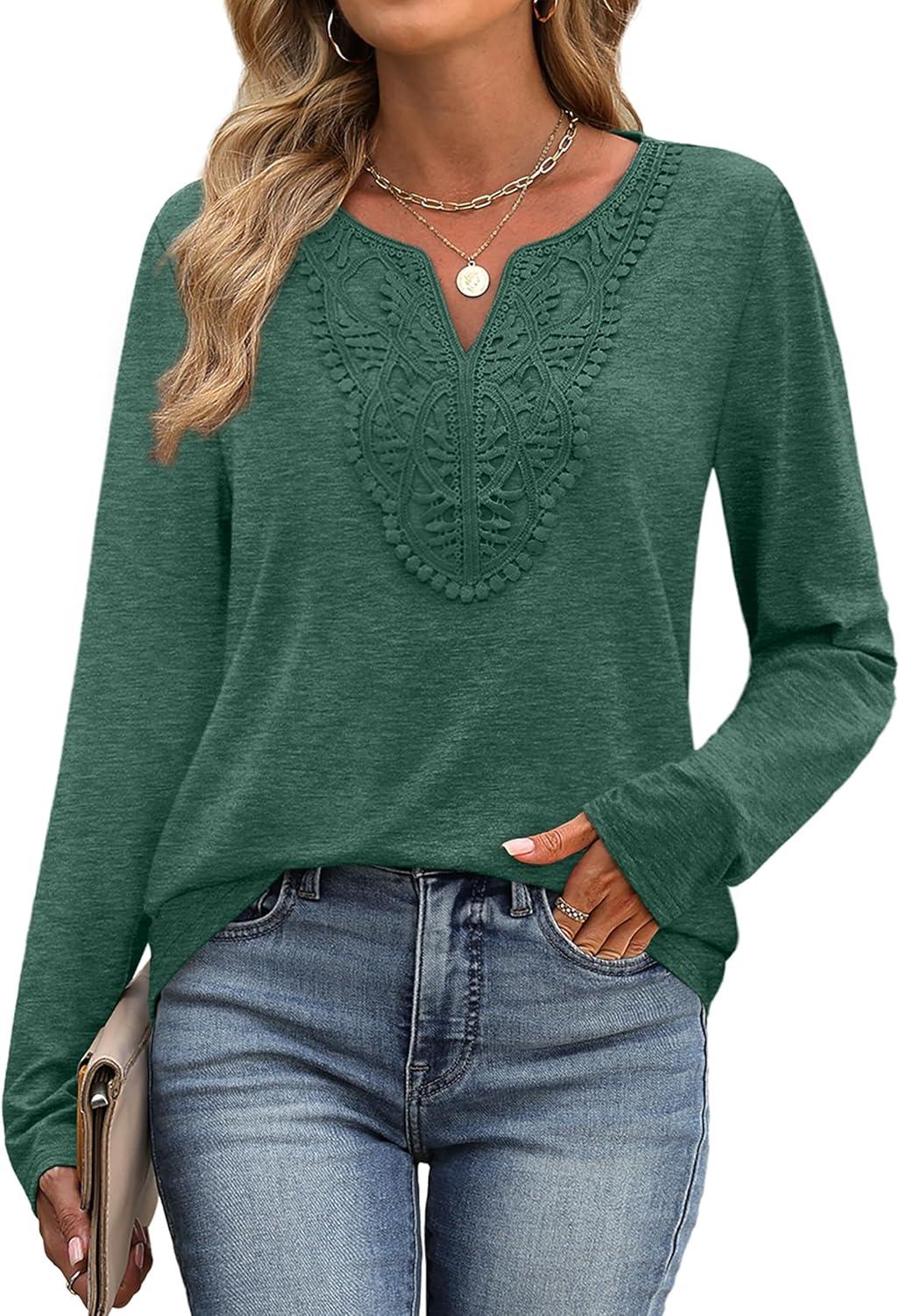 imageXIEERDUO Boho Tops for Women Blouses Dressy Casual V Neck Long Sleeve Shirts Fall Outfits Trendy Vacation ClothesGreen