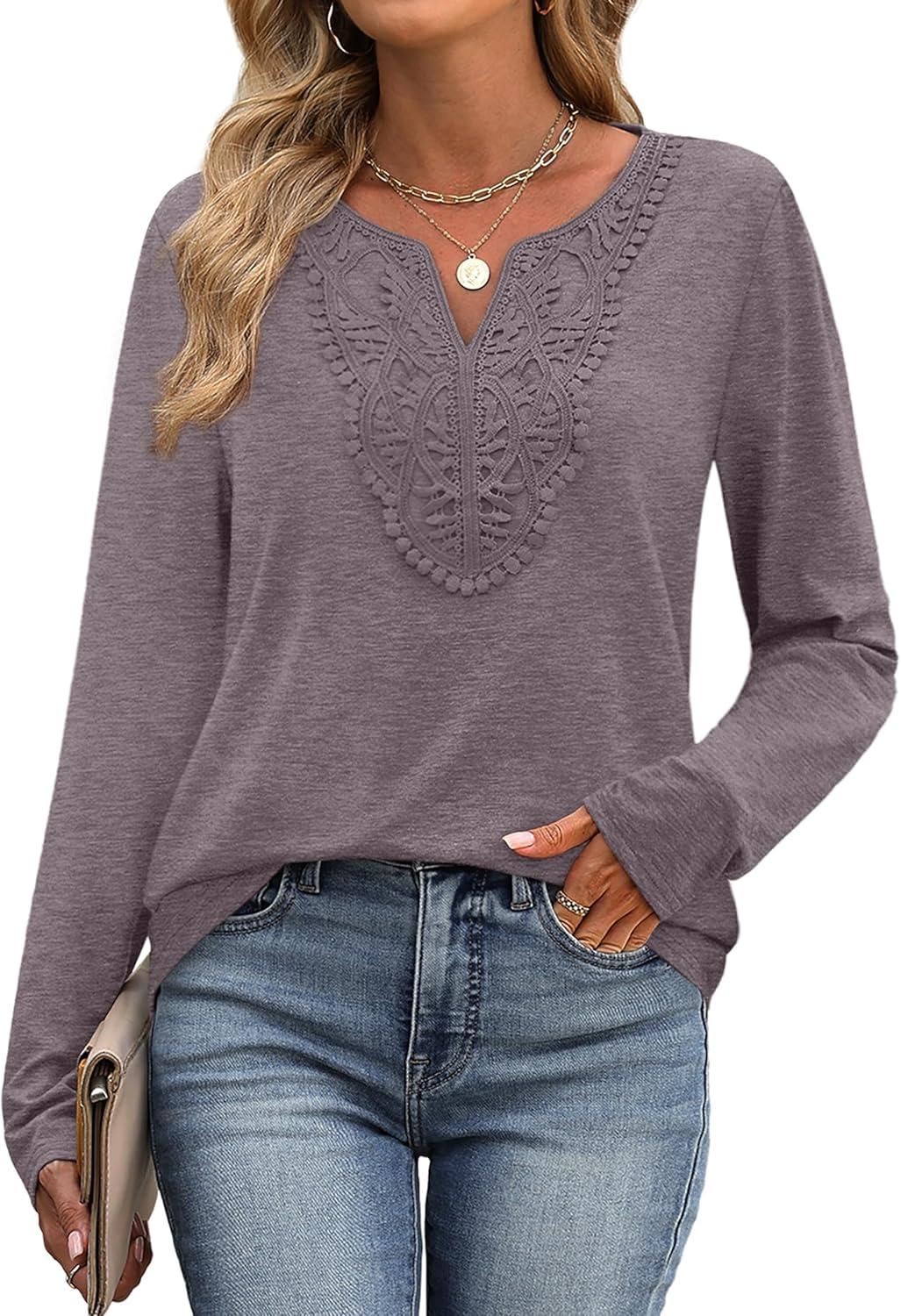 imageXIEERDUO Boho Tops for Women Blouses Dressy Casual V Neck Long Sleeve Shirts Fall Outfits Trendy Vacation ClothesGrey Purple