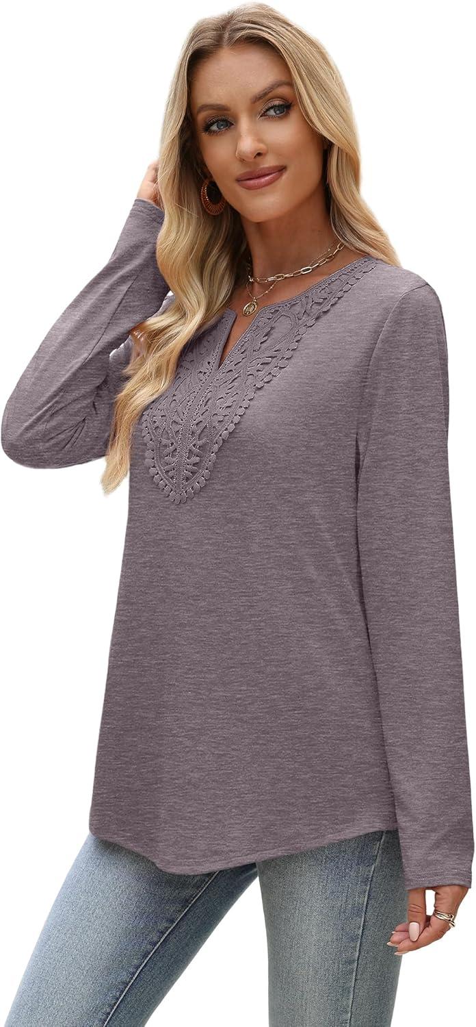 imageXIEERDUO Boho Tops for Women Blouses Dressy Casual V Neck Long Sleeve Shirts Fall Outfits Trendy Vacation ClothesGrey Purple