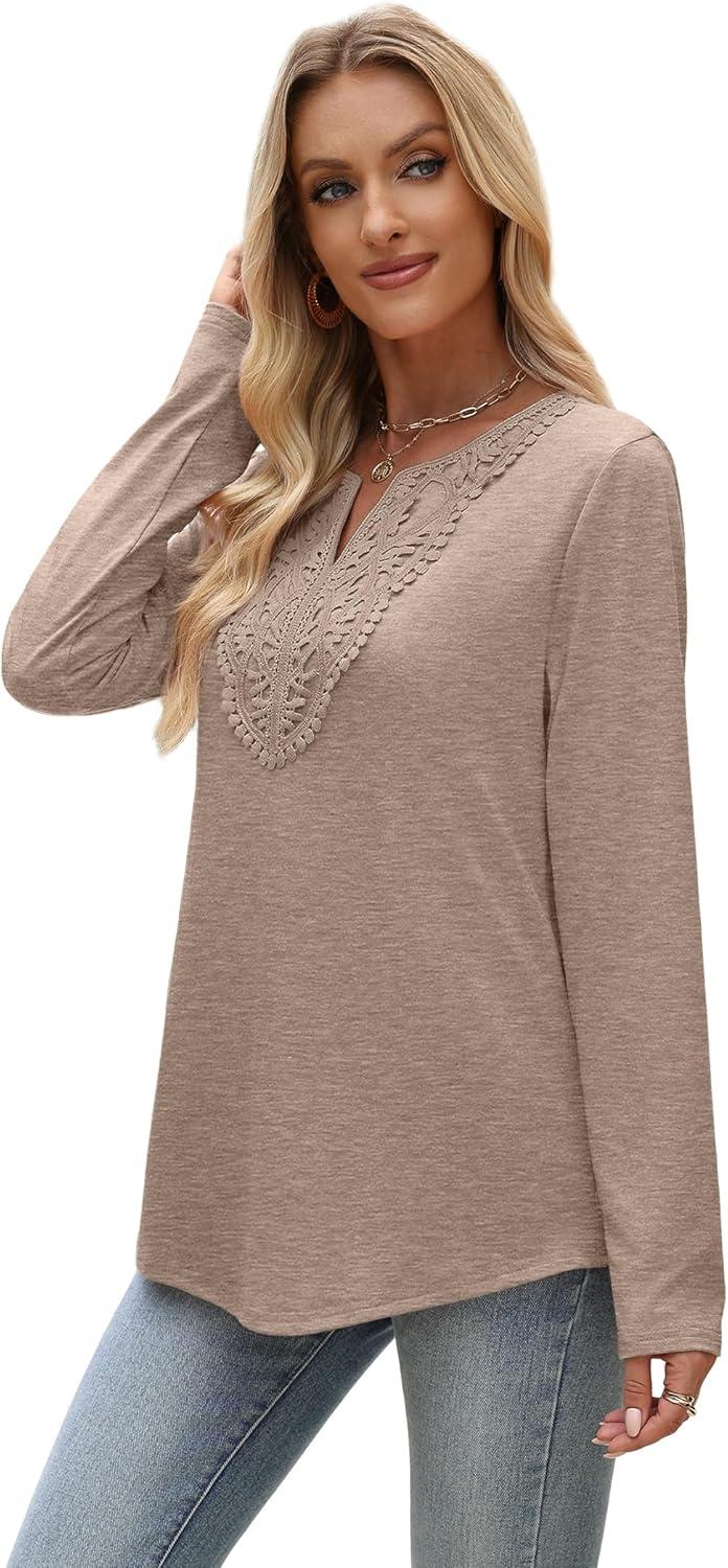 imageXIEERDUO Boho Tops for Women Blouses Dressy Casual V Neck Long Sleeve Shirts Fall Outfits Trendy Vacation ClothesKhaki