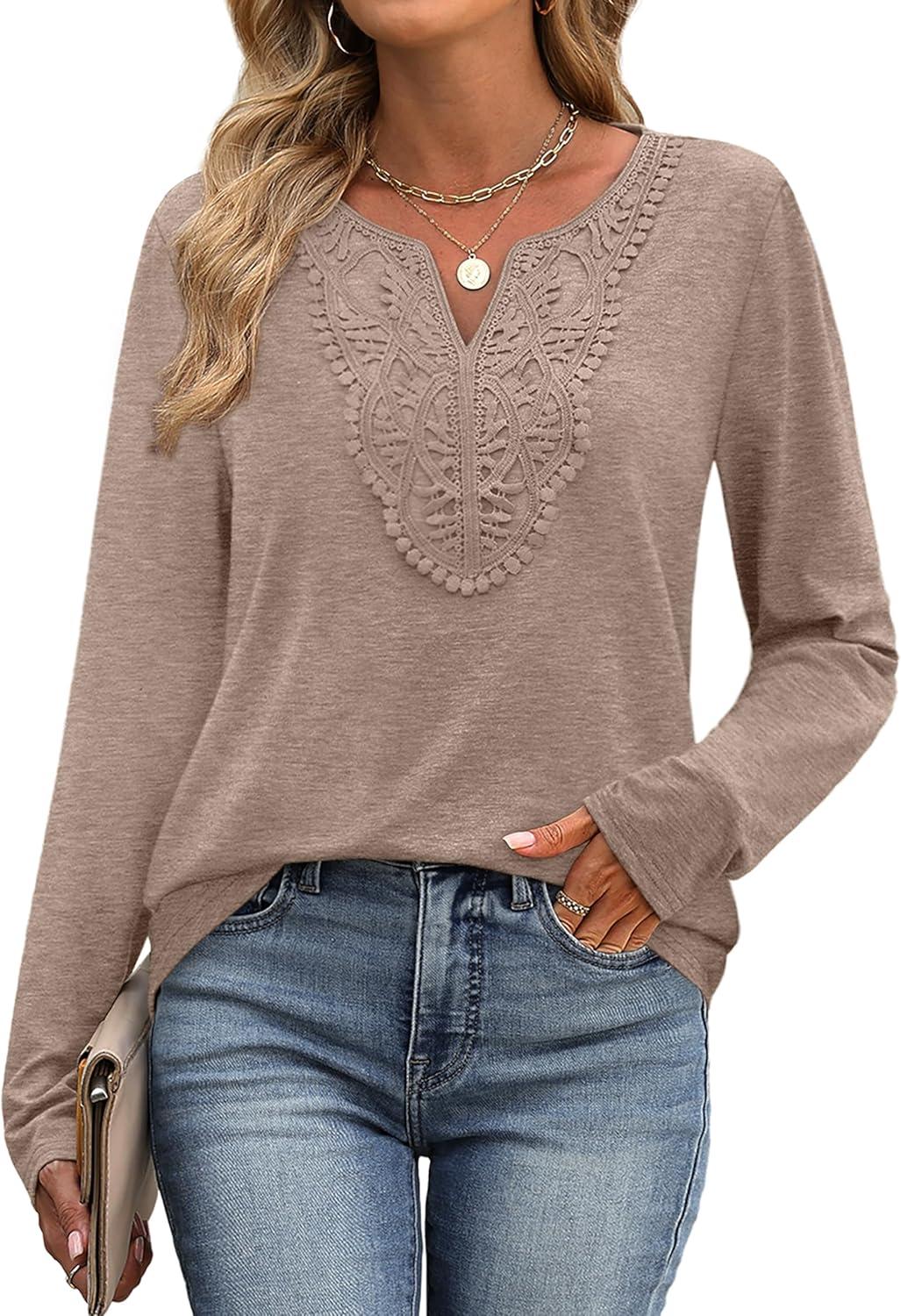 imageXIEERDUO Boho Tops for Women Blouses Dressy Casual V Neck Long Sleeve Shirts Fall Outfits Trendy Vacation ClothesKhaki