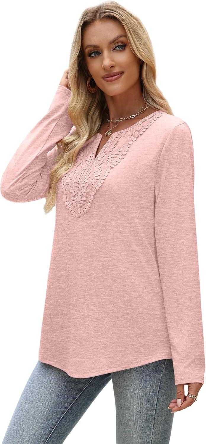 imageXIEERDUO Boho Tops for Women Blouses Dressy Casual V Neck Long Sleeve Shirts Fall Outfits Trendy Vacation ClothesLigth Pink
