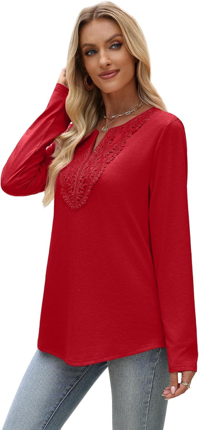 imageXIEERDUO Boho Tops for Women Blouses Dressy Casual V Neck Long Sleeve Shirts Fall Outfits Trendy Vacation ClothesRed