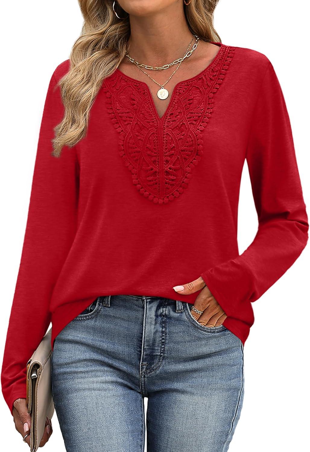 imageXIEERDUO Boho Tops for Women Blouses Dressy Casual V Neck Long Sleeve Shirts Fall Outfits Trendy Vacation ClothesRed